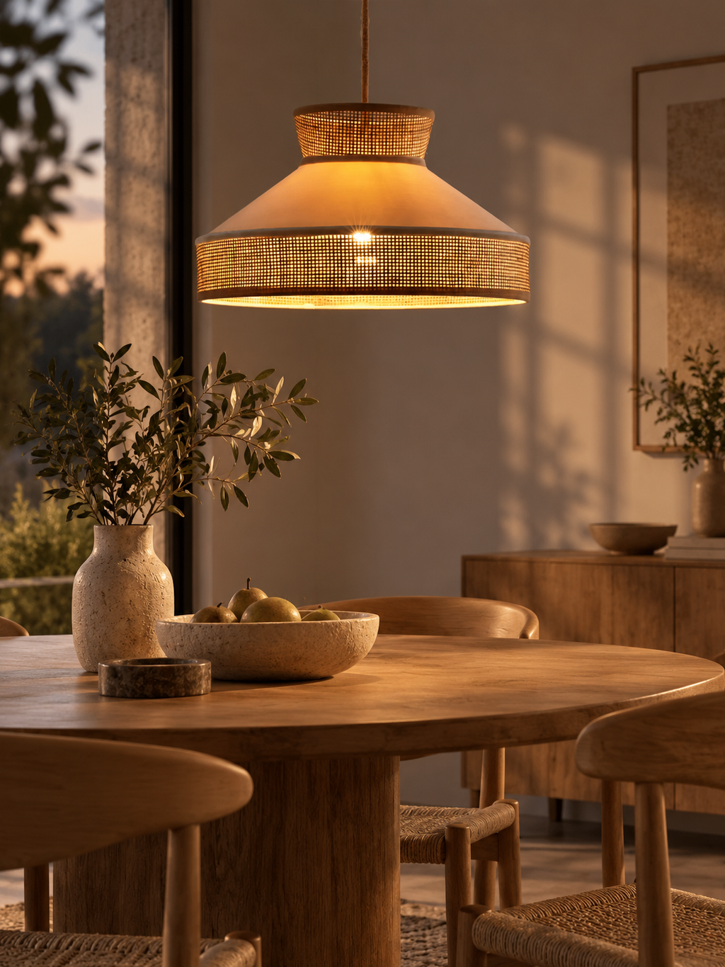 Beżowa lampa wisząca z rattanowym kloszem i welurem 45 cm