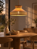 Beżowa lampa wisząca z rattanowym kloszem i welurem 45 cm