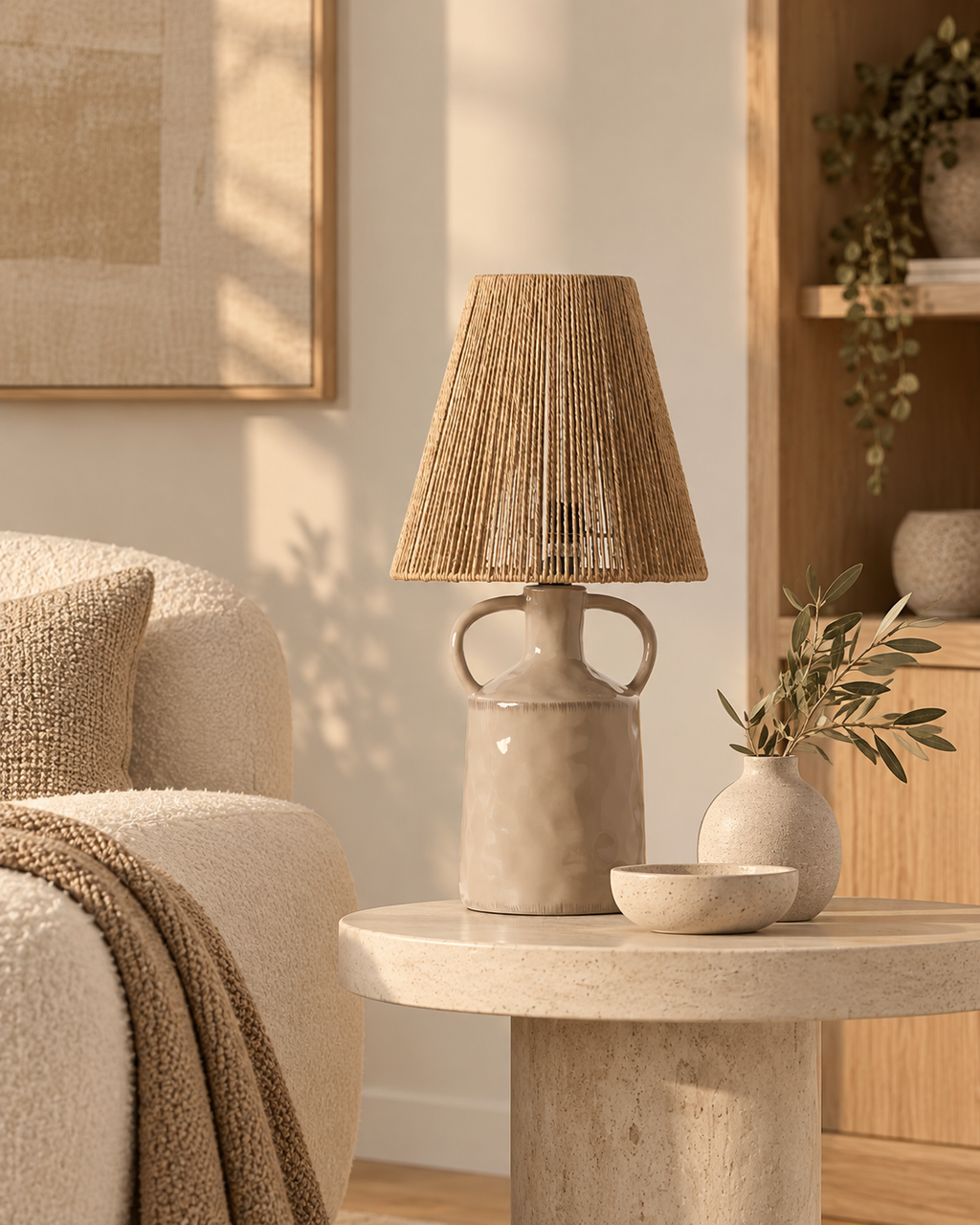 Beżowoszara lampa stołowa z ceramiczną podstawą 51 cm