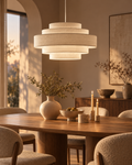 Biała lampa wisząca z lnianym abażurem 40 cm