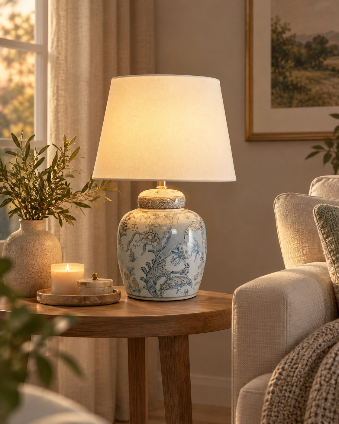 Biało-niebieska lampa stołowa z porcelanową podstawą 50 cm