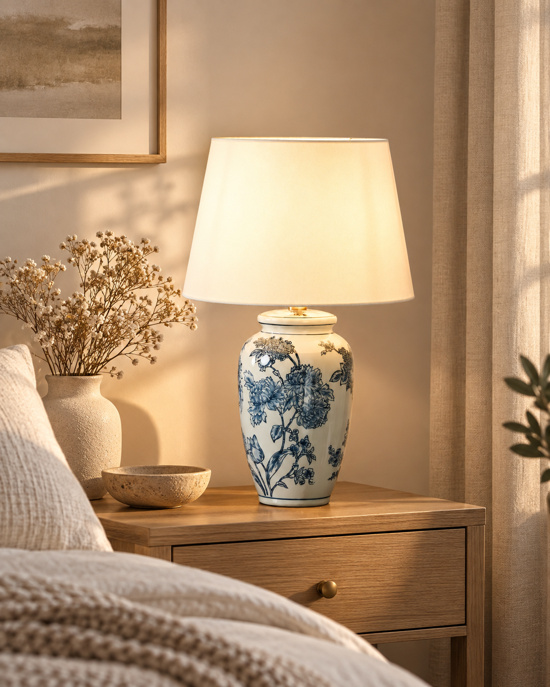 Biało-niebieska lampa stołowa z ręcznie malowanej porcelany 54 cm