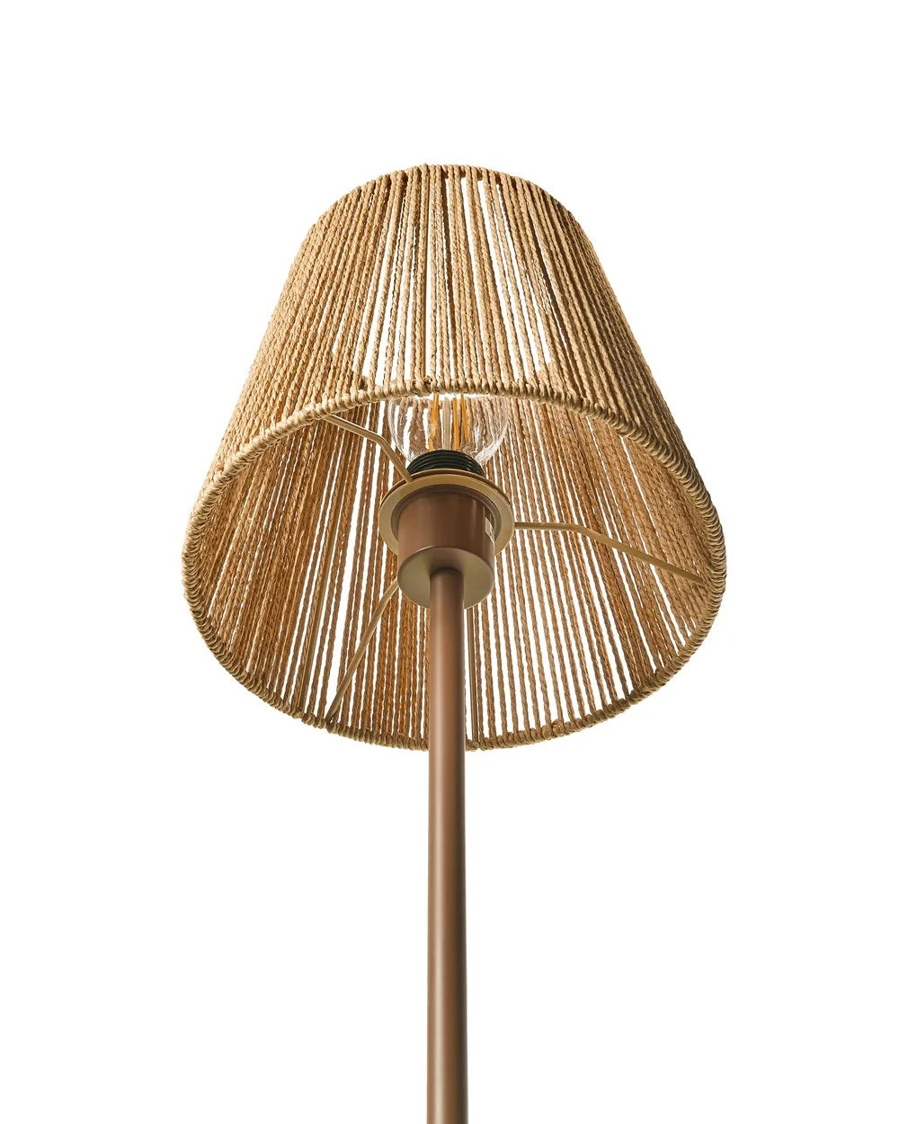 Brązowa metalowa lampa podłogowa z plecionym abażurem 150 cm