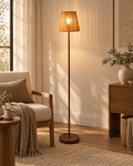 Brązowa metalowa lampa podłogowa z plecionym abażurem 150 cm