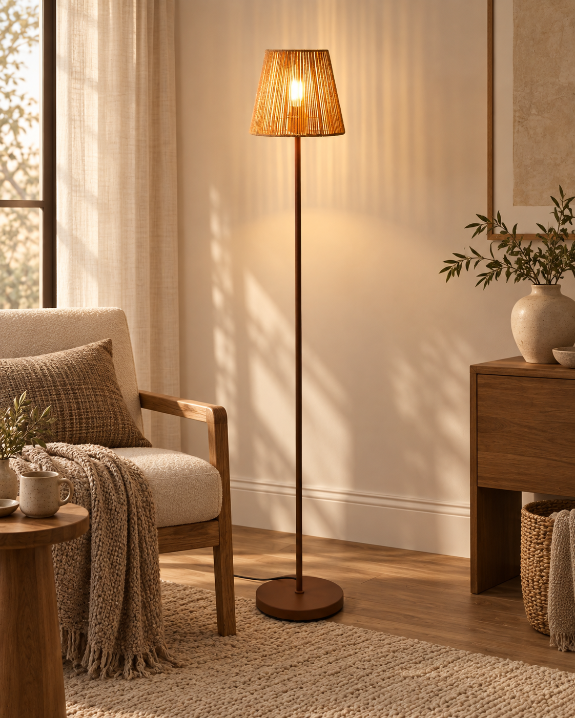 Brązowa metalowa lampa podłogowa z plecionym abażurem 150 cm
