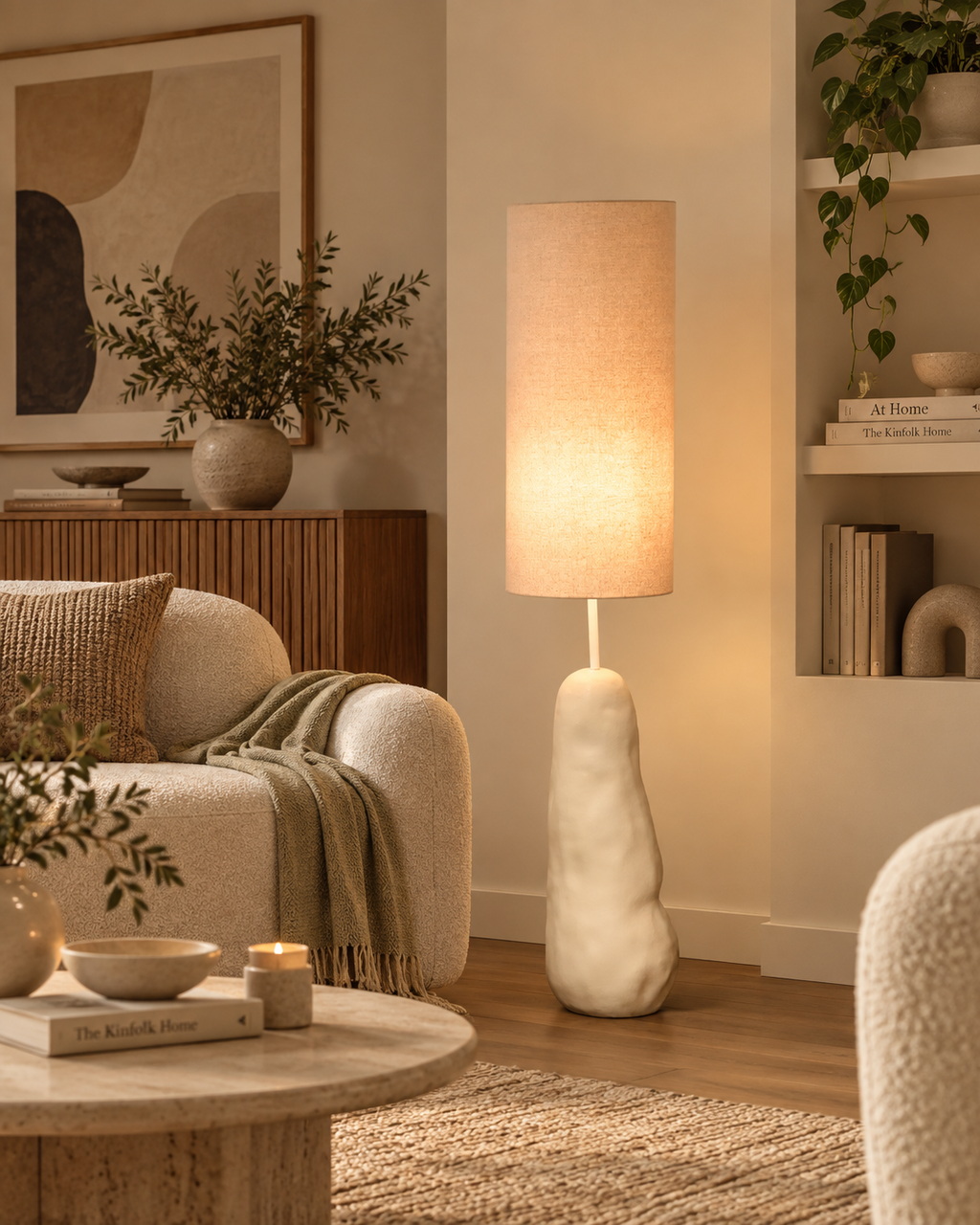 Jasnobeżowa lampa podłogowa z ceramiczną podstawą 136 cm