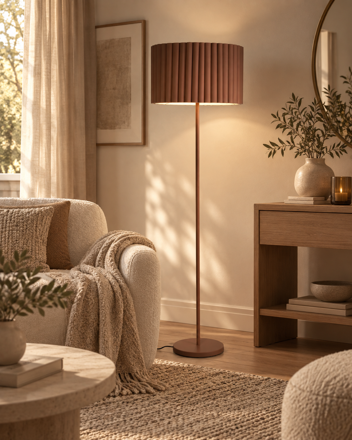 Jasnobrązowa lampa podłogowa z lnianym abażurem 155 cm