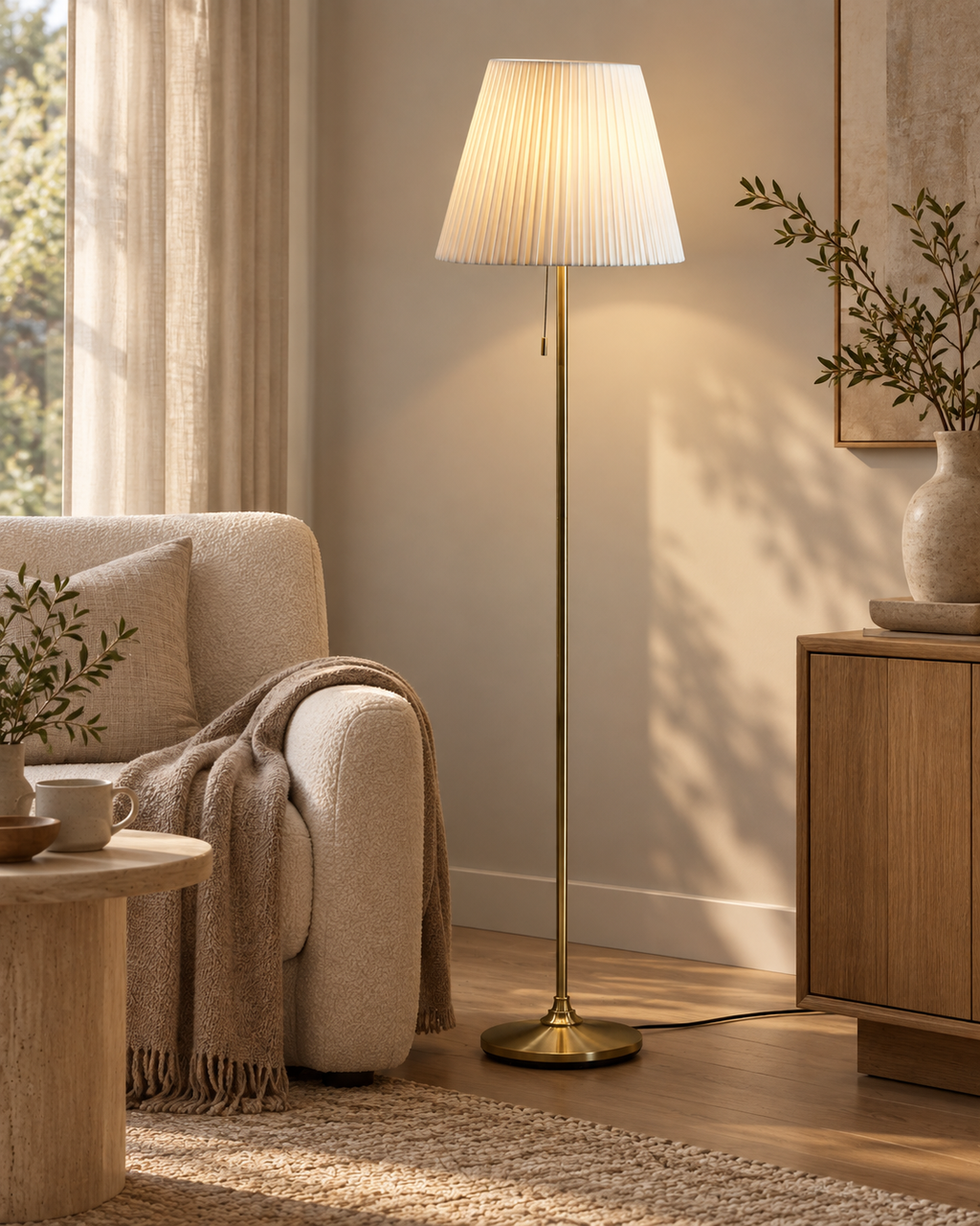 Mosiężna lampa podłogowa z białym abażurem 148 cm
