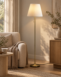 Mosiężna lampa podłogowa z białym abażurem 148 cm