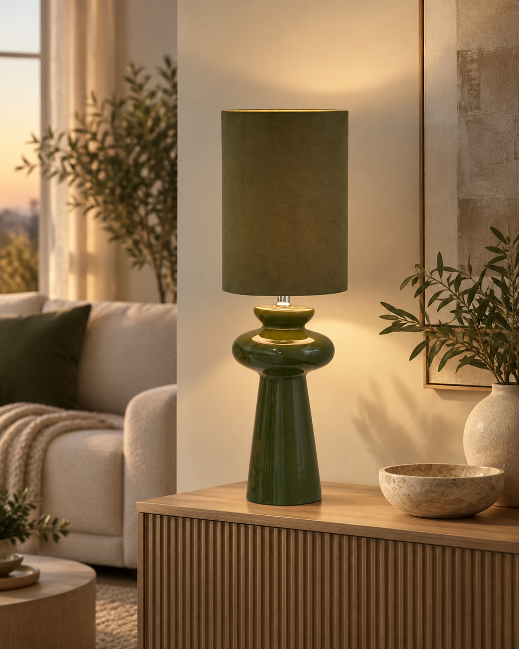 Oliwkowa lampa stołowa z abażurem z ekozamszu 62 cm