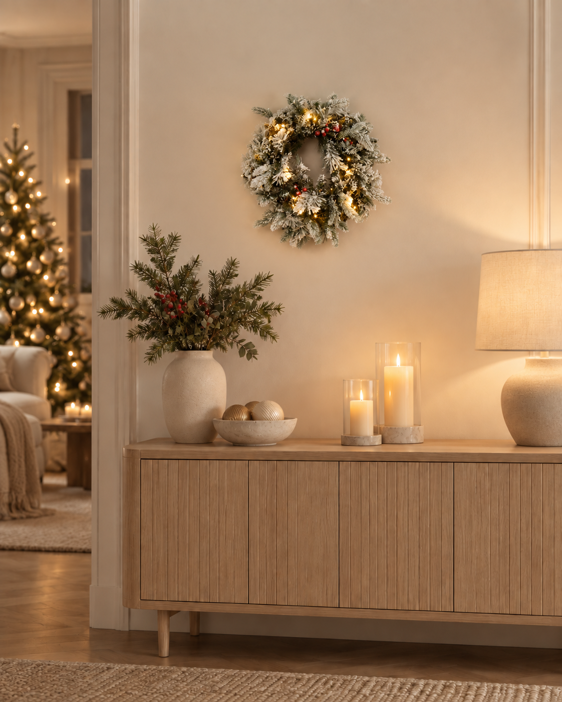 Ośnieżony wieniec świąteczny LED 55 cm