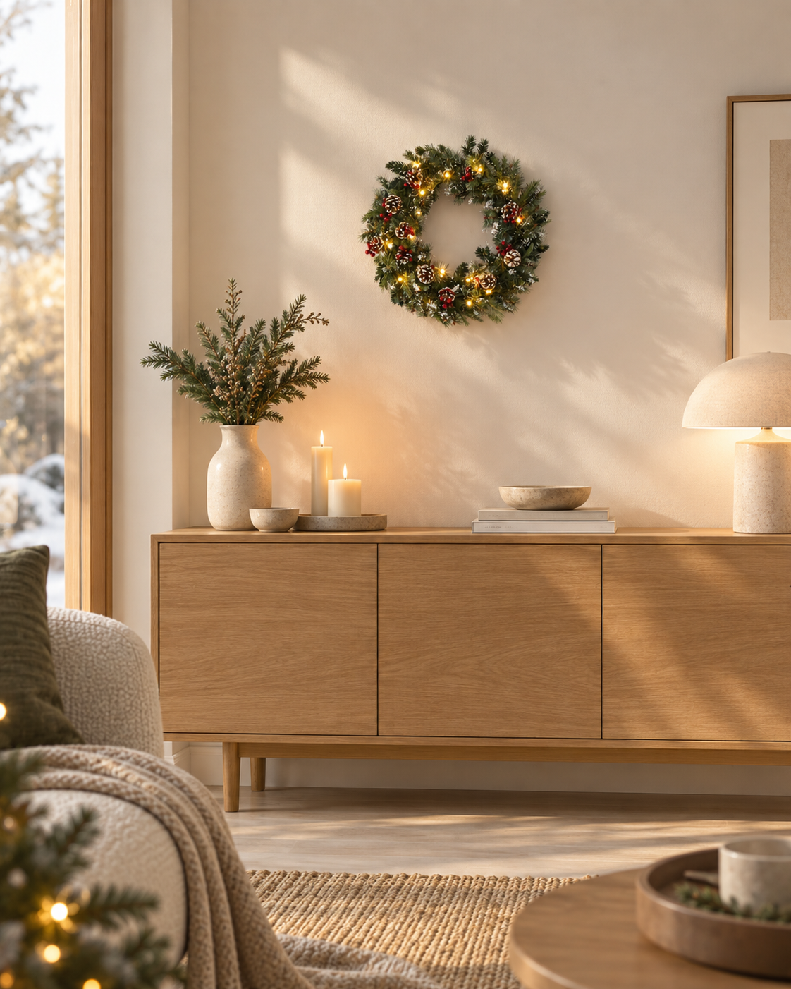 Zielony wieniec świąteczny LED z szyszkami 60 cm