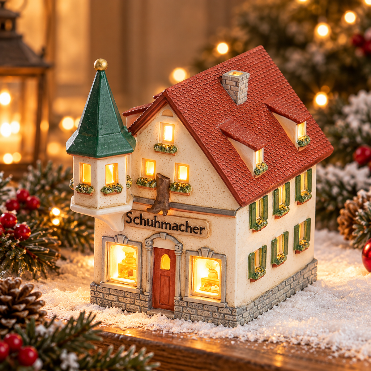 Porcelanowy domek świąteczny – pracownia szewca 17 cm