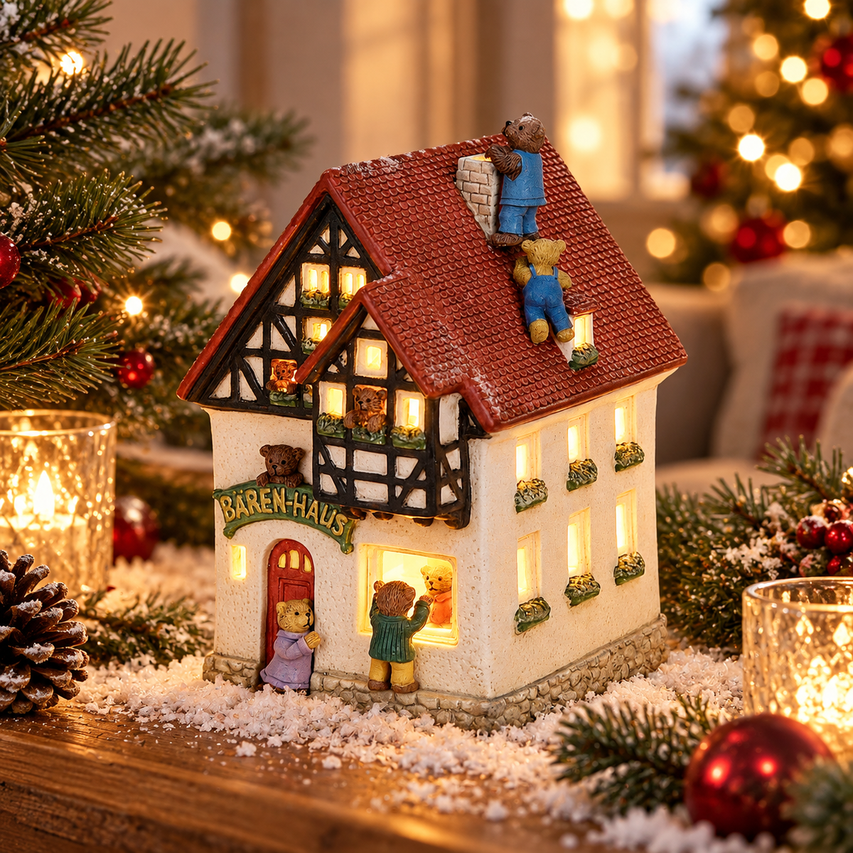 Porcelanowy domek świąteczny z misiami 18 cm